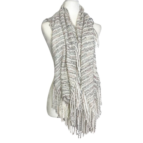 Infinity Scarf Stripes Beige Knited Fringe Bohemian Oversized Wrap - Picture 14 of 14